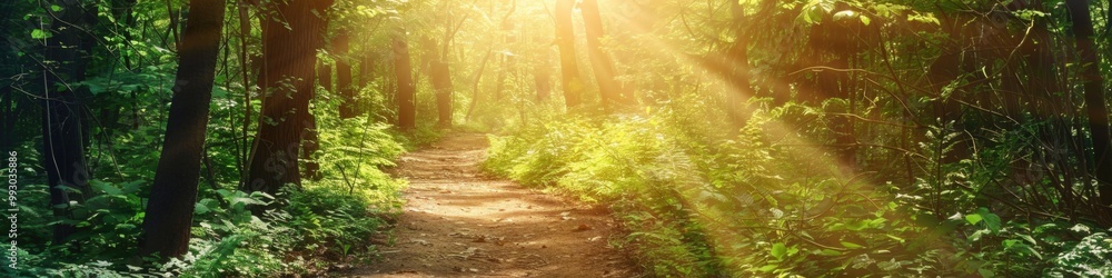 Trail Background. Forest Trail Path in Sunlight with Green Trees Trail Background. Forest Trail Path in Sunlight with Green Trees