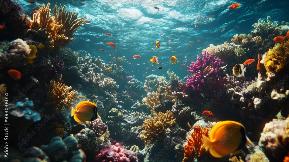Fototapeta premium Vibrant Coral Reef with Fish Swimming in a Sunlit Ocean, Underwater Life, Coral Reefs