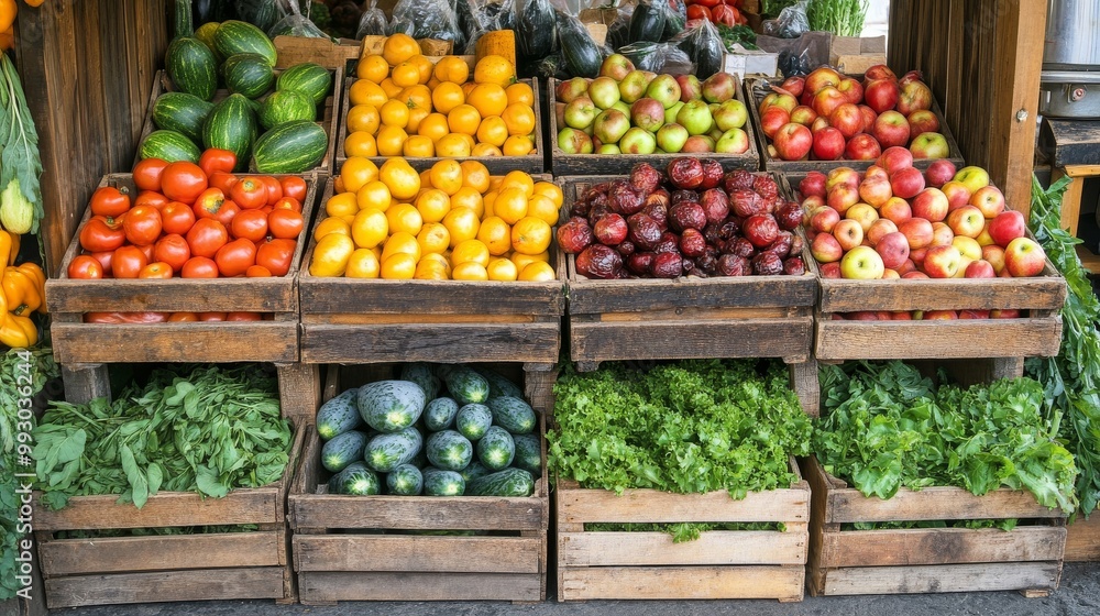 Wooden Crates Overflowing with Fresh Produce Tomatoes, Apples, Cucumbers, and More, Market Stall, Fruit Stand, Produce Wooden Crates Overflowing with Fresh Produce Tomatoes, Apples, Cucumbers, and More, Market Stall, Fruit Stand, Produce