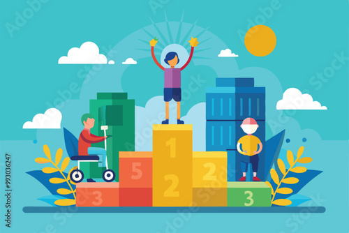 Three Paralympic athletes stand on a podium, celebrating victories under a bright sun with colorful backgrounds, Customizable flat illustration of Paralympic boccia