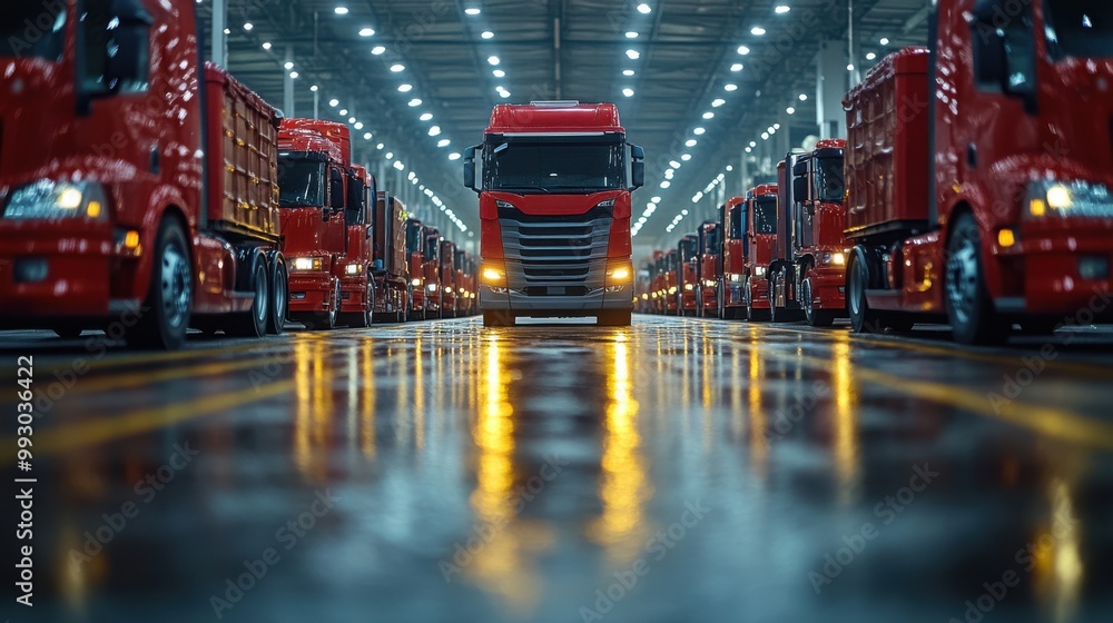 Red Trucks Lined Up in a Large Warehouse Red Trucks Lined Up in a Large Warehouse