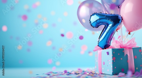 Festive and cheerful birthday scene with blue and pink balloons gift box and colorful confetti  Concept of joyful milestone event anniversary or special occasion photo