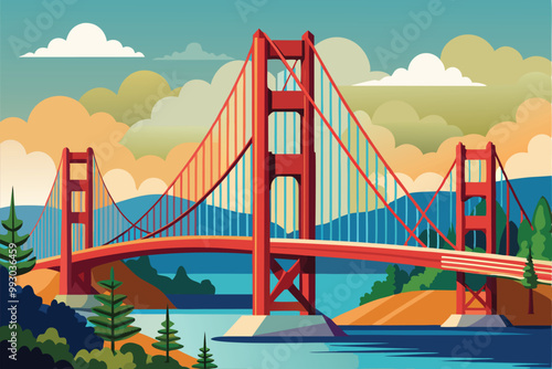 A colorful illustration showcasing the Golden Gate Bridge surrounded by serene landscapes at sunset, Customizable Semi Flat Illustration of San Francisco Bridge