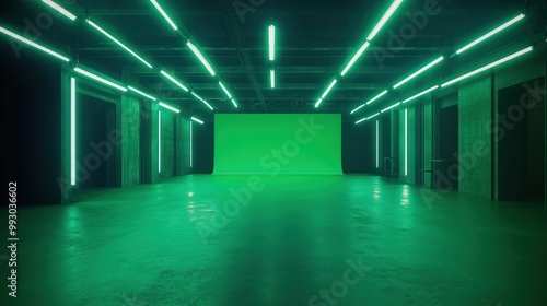 A spacious room illuminated with green neon lights and a blank backdrop.