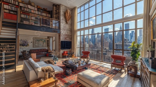 Wallpaper Mural Stylish loft in an art-deco building with cityscape views and vibrant street life below Torontodigital.ca