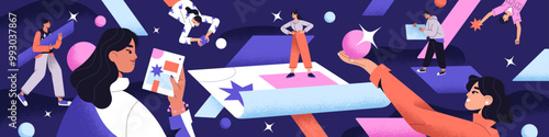 Concept of teamwork processes in business on banner. People work with geometric figures, shapes. Creative team of collects, analyzes data. Colleagues create project together. Flat vector illustration