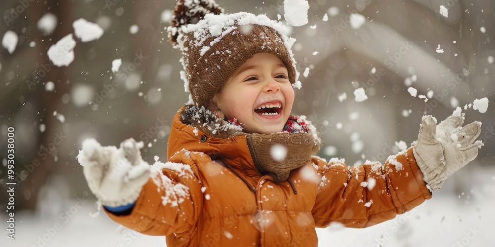 A young child is playing in the snow, wearing a brown jacket and a hat A young child is playing in the snow, wearing a brown jacket and a hat