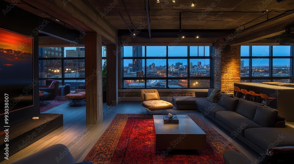 Stylish loft in an art-deco building with cityscape views and vibrant street life below Stylish loft in an art-deco building with cityscape views and vibrant street life below