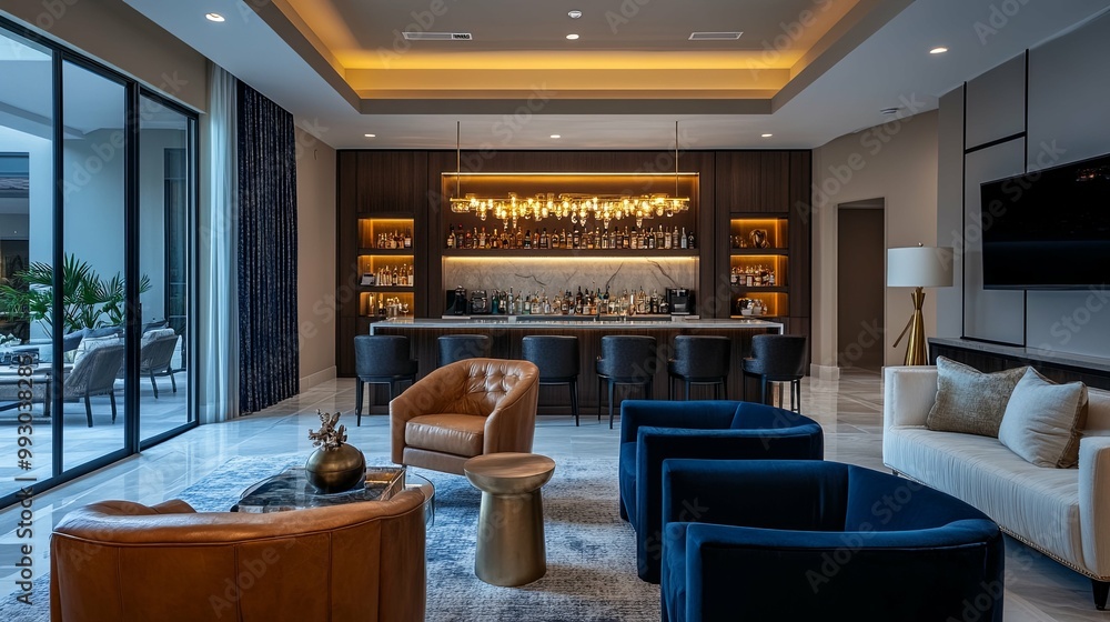Fototapeta premium Modern Home Bar with Lounge Seating and Glass Doors