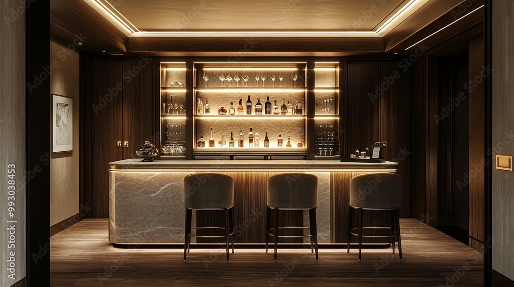 Modern Home Bar with Marble Countertop and Wooden Stools Modern Home Bar with Marble Countertop and Wooden Stools