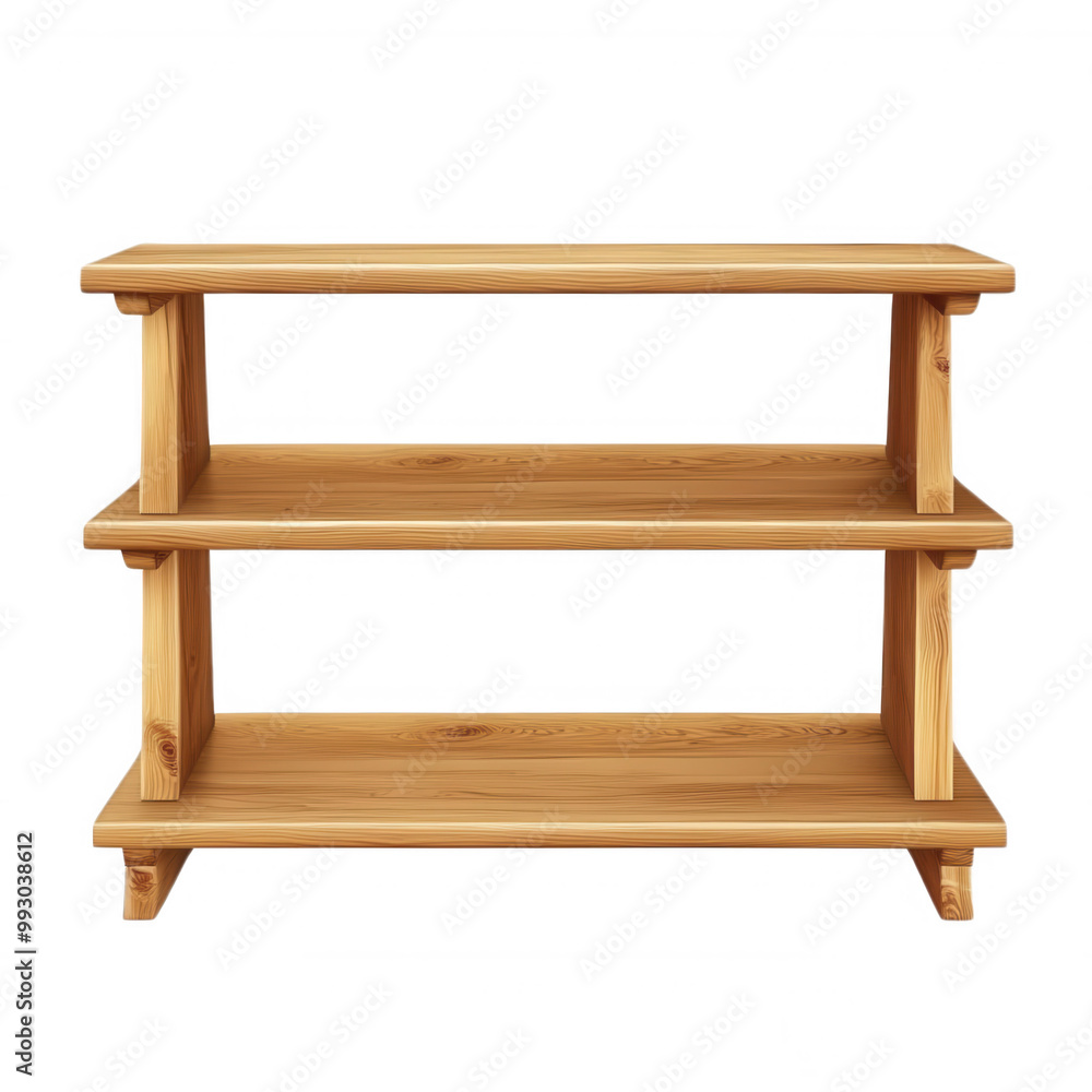Wooden shelf with three levels and a minimalist design, isolated on transparent or white background Wooden shelf with three levels and a minimalist design, isolated on transparent or white background