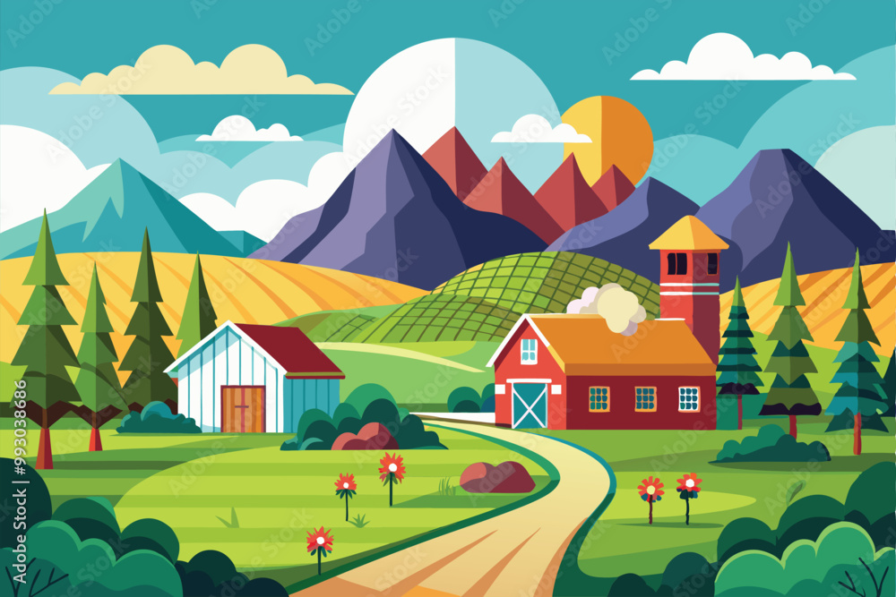 This artwork depicts a picturesque countryside with rolling hills, mountains, and vibrant skies at sunset, Customizable semi-flat illustration of the countryside. This artwork depicts a picturesque countryside with rolling hills, mountains, and vibrant skies at sunset, Customizable semi-flat illustration of the countryside.