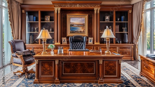 Luxurious Home Office with Wooden Desk, Leather Chair, and Bookcases