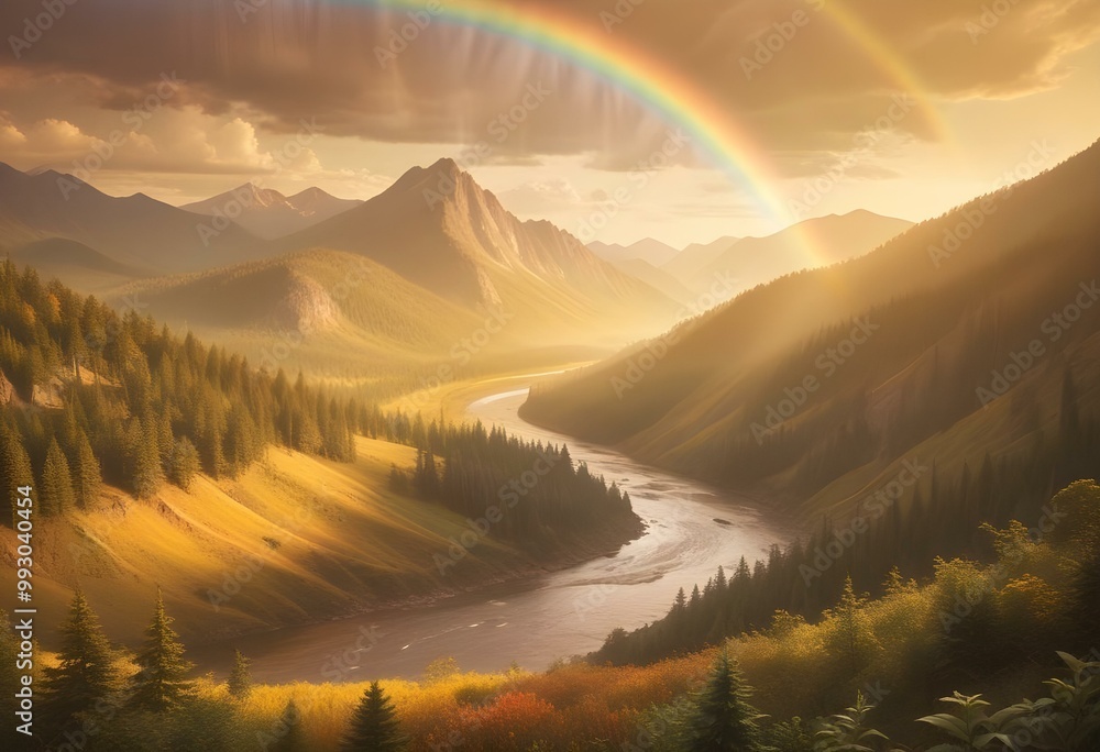 Fototapeta premium A colorful fantasy landscape with a rainbow arching over a majestic mountain range