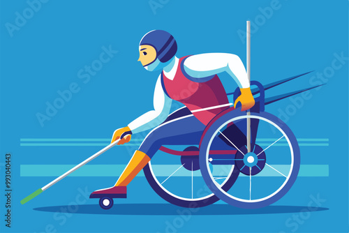 An athlete in a wheelchair skillfully maneuvers with a cane, showcasing determination and speed, Customizable semi-flat illustration of wheelchair fencing.