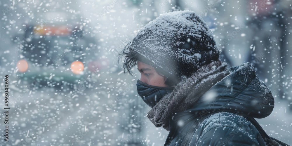 A man is walking in the snow wearing a black hat and a scarf A man is walking in the snow wearing a black hat and a scarf