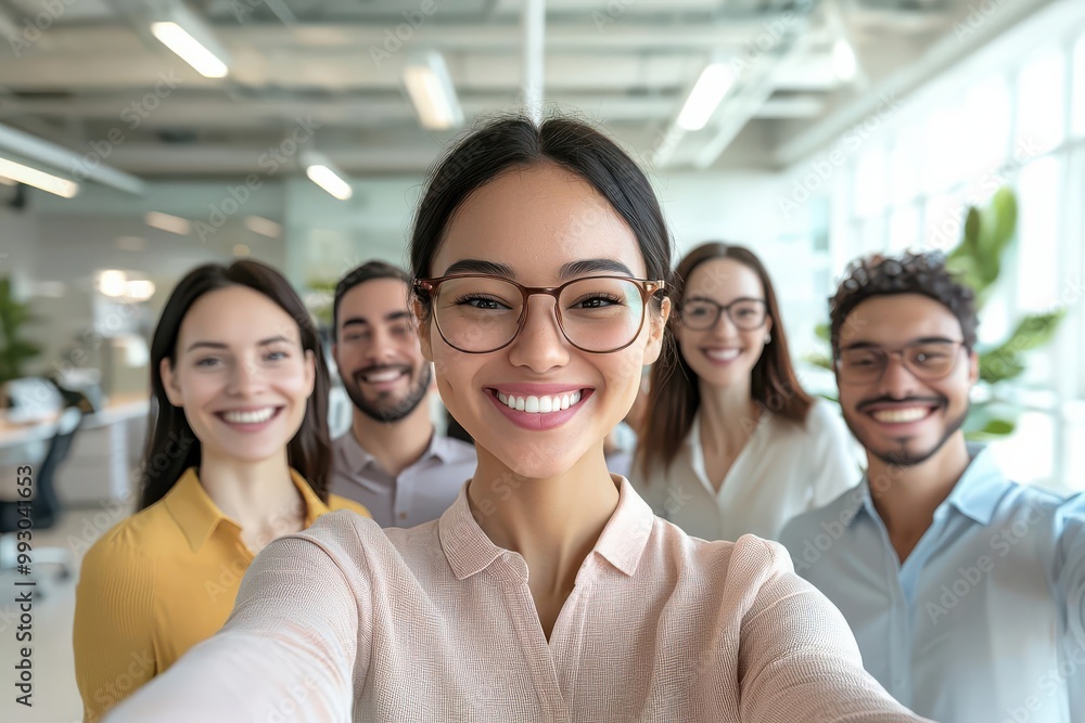 Diverse corporate team selfie, celebrating diversity and inclusion, 3D cartoon style, modern office, bright and welcoming, 3D illustration Diverse corporate team selfie, celebrating diversity and inclusion, 3D cartoon style, modern office, bright and welcoming, 3D illustration