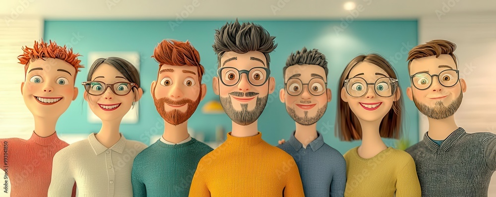 Office team selfie, casual workday vibe, 3D cartoon style, modern corporate setting, cheerful and relaxed, colorful background, 3D illustration Office team selfie, casual workday vibe, 3D cartoon style, modern corporate setting, cheerful and relaxed, colorful background, 3D illustration