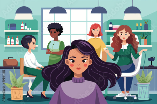 Women are engaged in lively conversation and collaboration in a bright and stylish beauty salon setting, Customizable semi flat illustration of women in a hair salon.