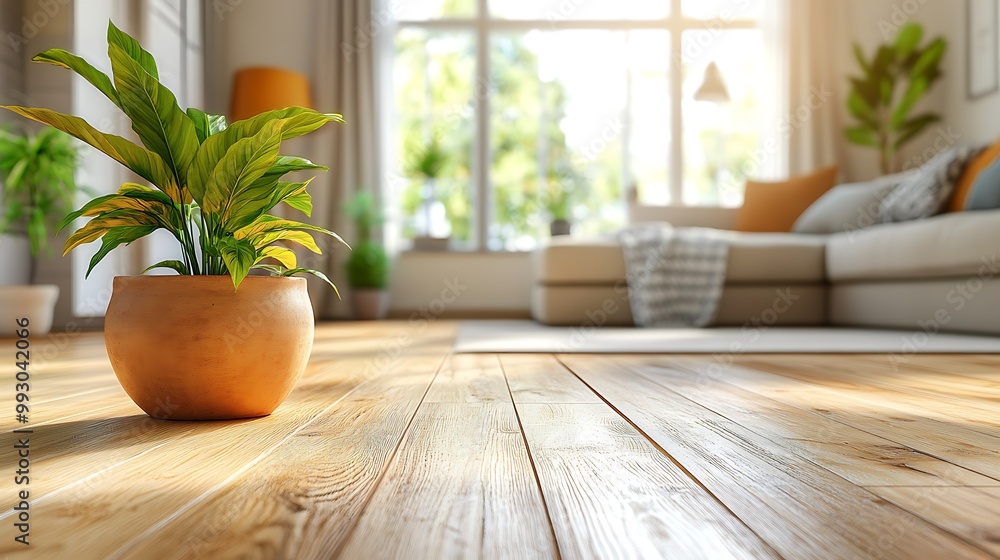 Cozy living room with a potted plant and sunlight.