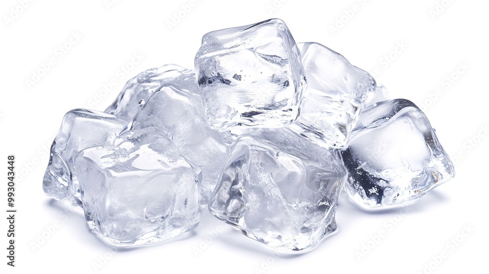 Clear and refreshing ice cubes displayed against a clean background, showcasing their crystalline structure and cool translucence. Clear and refreshing ice cubes displayed against a clean background, showcasing their crystalline structure and cool translucence.