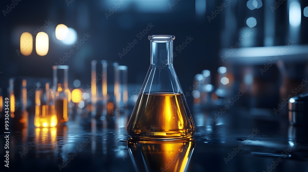 A Single Erlenmeyer Flask Filled with Yellow Liquid on a Dark Tabletop A Single Erlenmeyer Flask Filled with Yellow Liquid on a Dark Tabletop