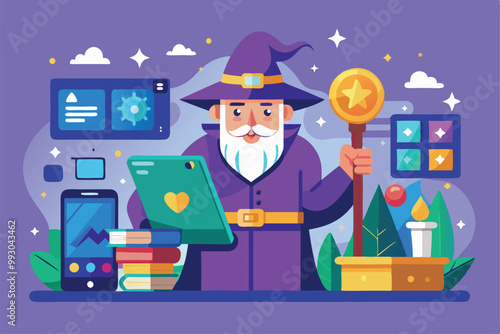 A wizard character uses a tablet and wand while surrounded by magical tools and technology elements, Customizable semi-flat illustration setup wizard