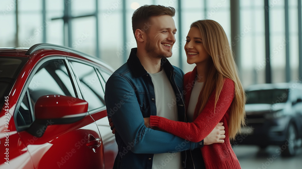 Smiling couple in car showroom, happy to buy a car. Smiling couple in car showroom, happy to buy a car.