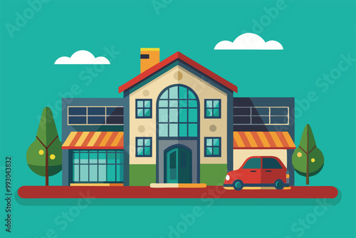 A vibrant house features large windows, a chimney, and a red car parked nearby, surrounded by green trees, Customizable Semi Flat Illustration Stay