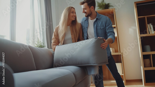 Young couple assembling furniture in new apartment together sitting on floor with carpet near sofa among things collected in boxes after receiving keys from realtor