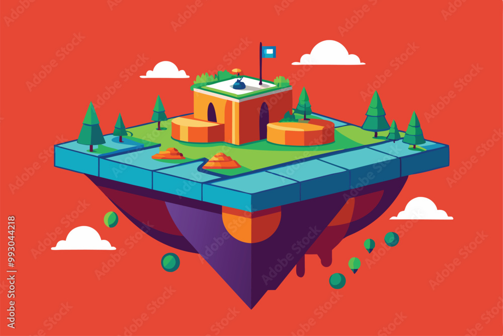 Obraz premium A colorful floating island features natural elements like trees, geometric shapes, and a flag on top, Customizable semi-flat illustration that can be stretched.