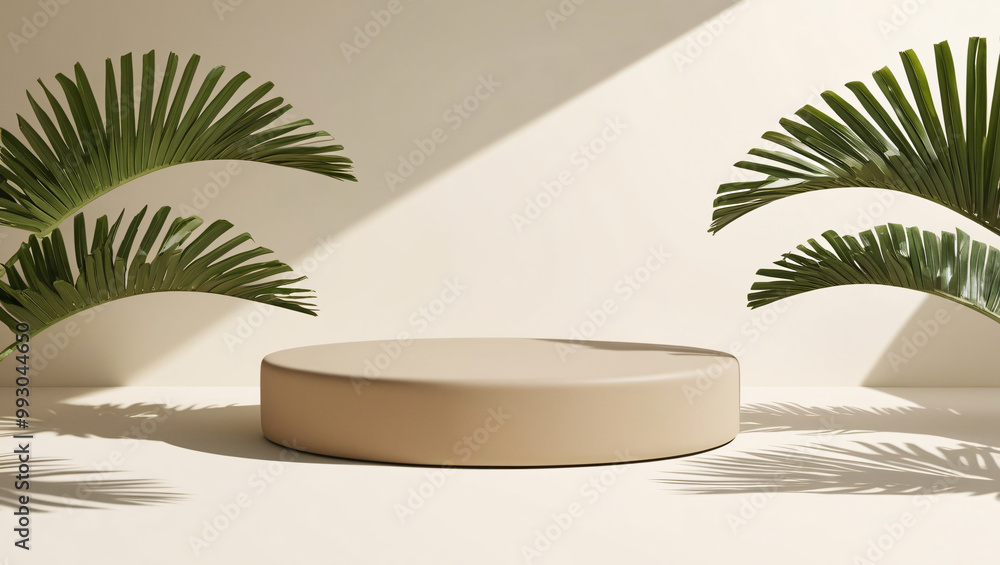 minimal geometric podium display with cream backdrop palm leaf shadows modern product showcase 3d render minimal geometric podium display with cream backdrop palm leaf shadows modern product showcase 3d render