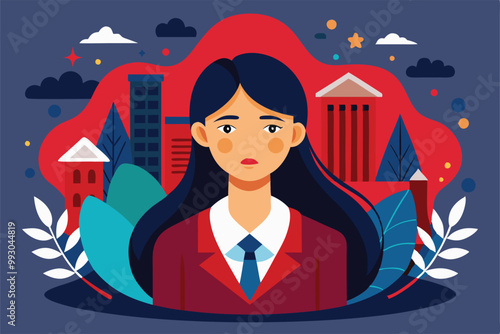 A character expressing guilt stands surrounded by buildings and nature, captured in a vibrant setting, Customizable semi-flat illustration that is guilty.