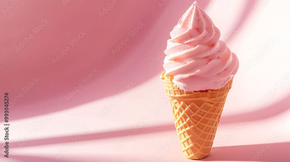 Pink soft serve ice cream cone on pink background with shadows. Pink soft serve ice cream cone on pink background with shadows.