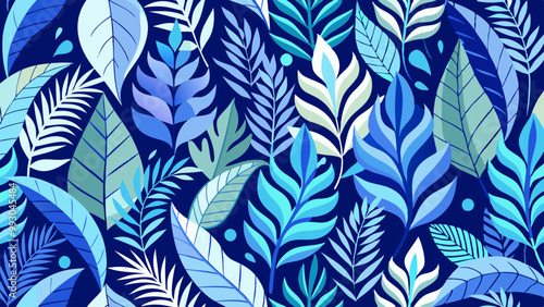 A seamless vector pattern featuring various tropical leaves in calming shades of blue and green, arranged on a dark background for a striking and elegant visual effect.