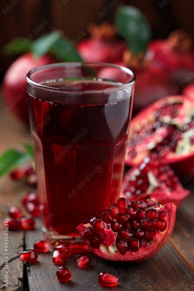 Refreshing pomegranate juice served in a clear glass with fresh pomegranates on a rustic wooden table Refreshing pomegranate juice served in a clear glass with fresh pomegranates on a rustic wooden table