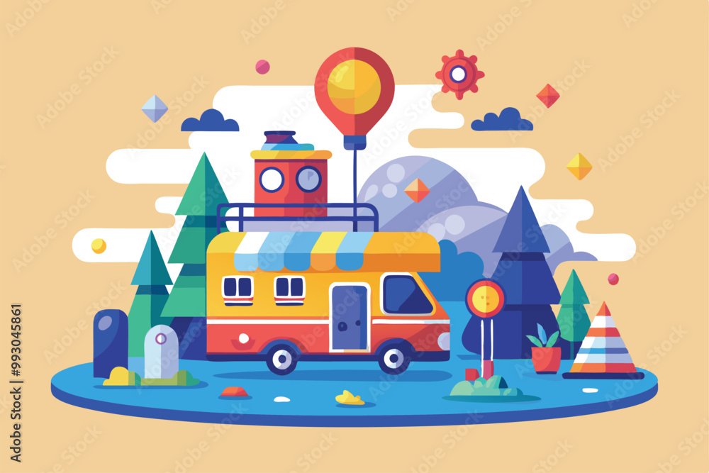 Naklejka premium A colorful camper van surrounded by trees, mountains, and playful geometric shapes under a bright sky, Customizable API with Semi Flat Illustration