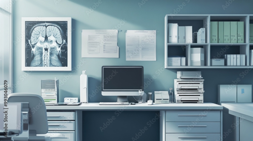 A modern office space featuring medical equipment and documents. A modern office space featuring medical equipment and documents.