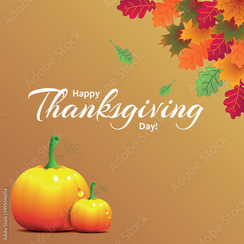 Thanksgiving greeting card. Pumpkin and leaves on beige background.
