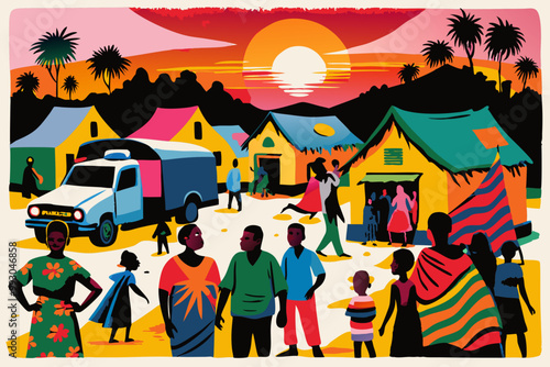 Vibrant African Market at Sunset with Bustling Shoppers and Police Presence