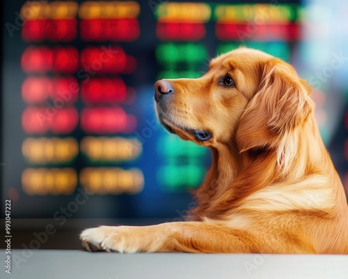 Canine Market Master, a clever dog confidently navigating stock investments while unmotivated individuals complain about their financial struggles. photo