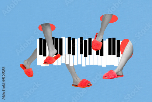 Composite trend artwork sketch image collage of bodyless legs walk on piano keys red shoes music creative surreal abstract play music photo