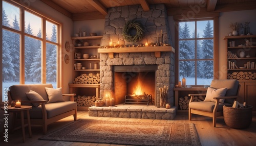 Warm winter living room with a fireplace, inviting atmosphere, decorated for Christmas