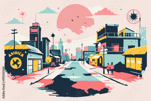 Retro-Futuristic Cityscape Illustration with Vibrant Sunset