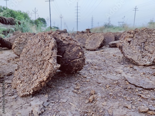 Capture the rustic charm of rural life with this high-resolution image showcasing traditional cow dung cakes, also known as cow patties or cow chips. arranged in a natural setting along a dusty path. 