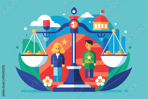 Two characters stand beside a scale of justice, symbolizing fairness and legal principles in a vibrant design, Customizable Semi Flat Illustration with Ideological Difference