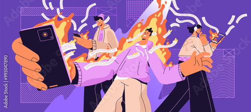 Concept of doomscrolling. People with phone addiction spend lots time online. Problems of endless surfing internet by smartphone. Reading bad news, scrolling social networks. Flat vector illustration