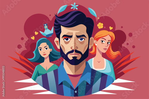 Three characters express complex emotions, highlighting jealousy and interpersonal tension in a vibrant design, Customizable semi-flat illustration with jealousy theme.