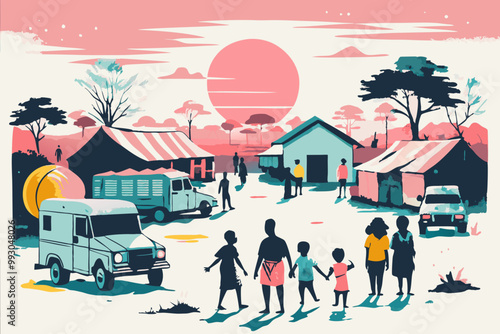 African Village Life at Sunset with Locals and Landscape