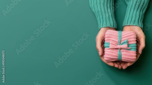 Compassionate Support, A social worker's hands gently cradle a donated item, symbolizing community aid for families in need, inviting heartfelt promotional messages. photo